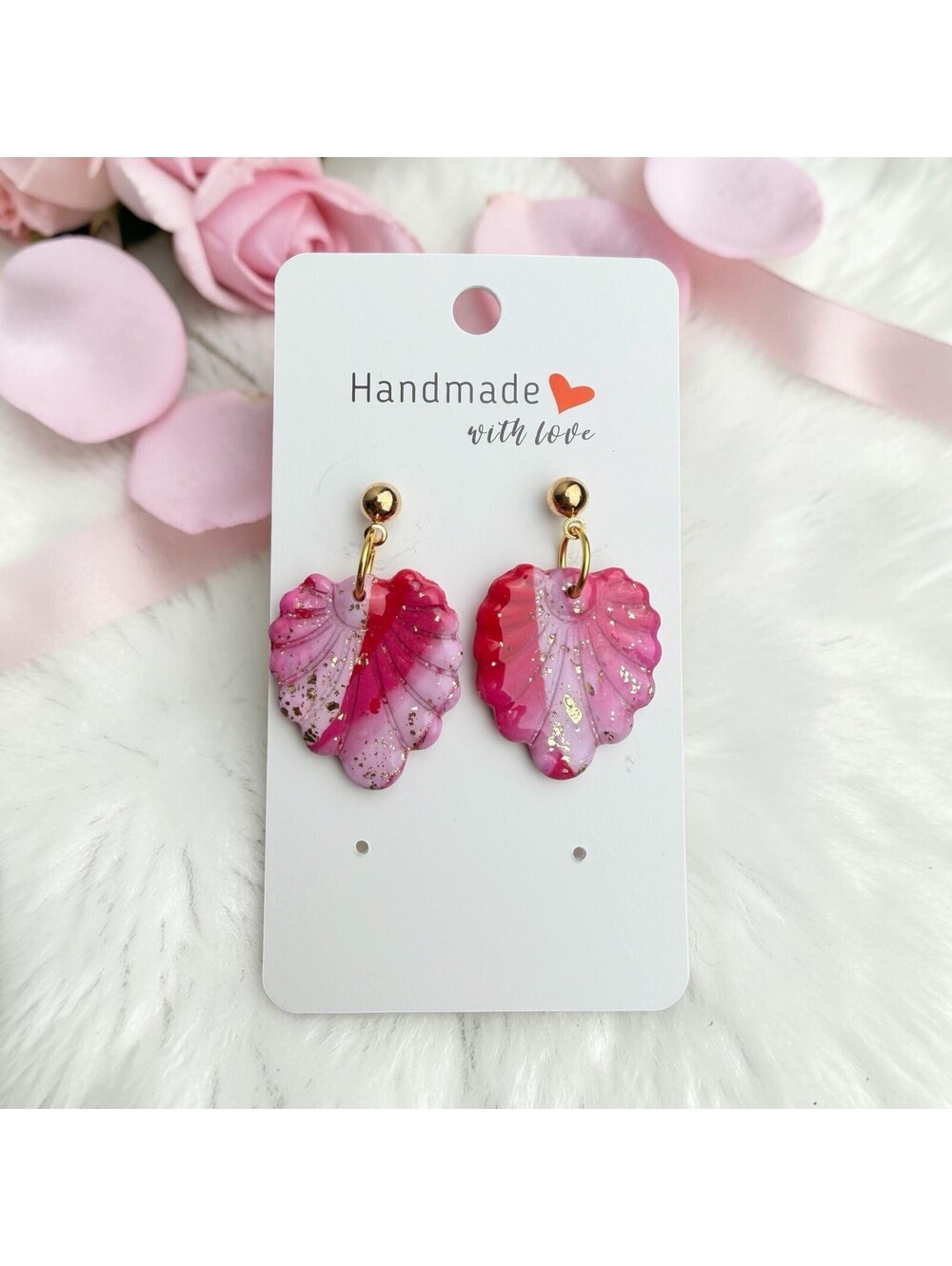 Handmade Pink Seashell Dangle Earrings Polymer Clay Gold Floral Shell Jewelry